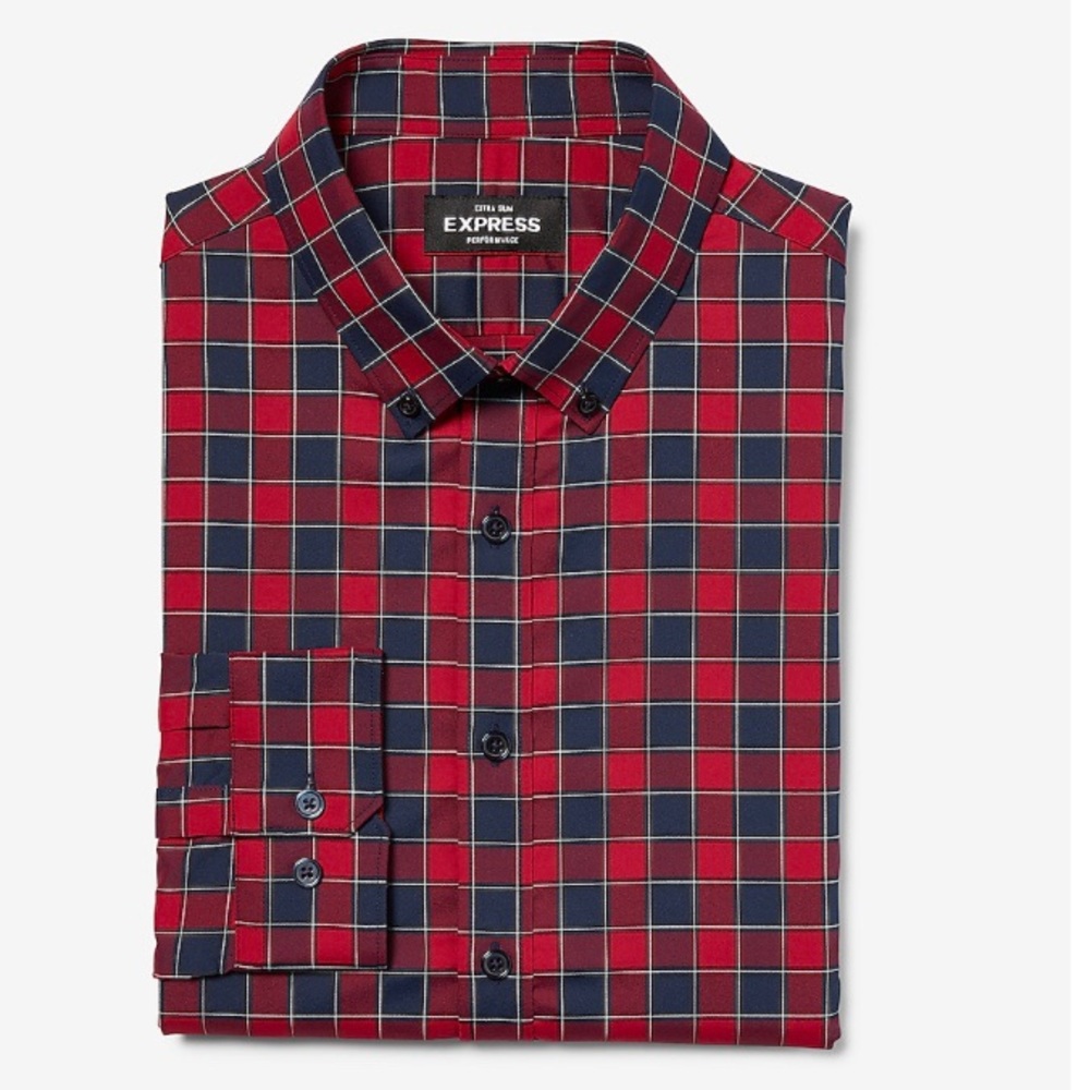 Express Red Plaid Performance Long Sleeved Shirt